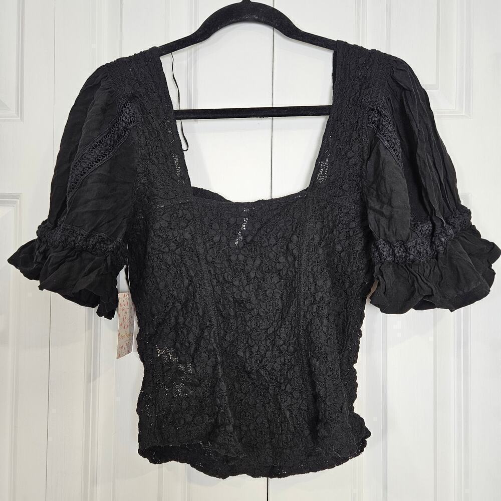 FREE PEOPLE Spring Fling Floral Knit Top Black NWT NEW Medium Crop Puff Sleeves